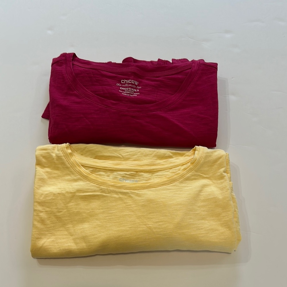 2 Chico's Vibrant Yellow and Red 3/4 Sleeve Tees